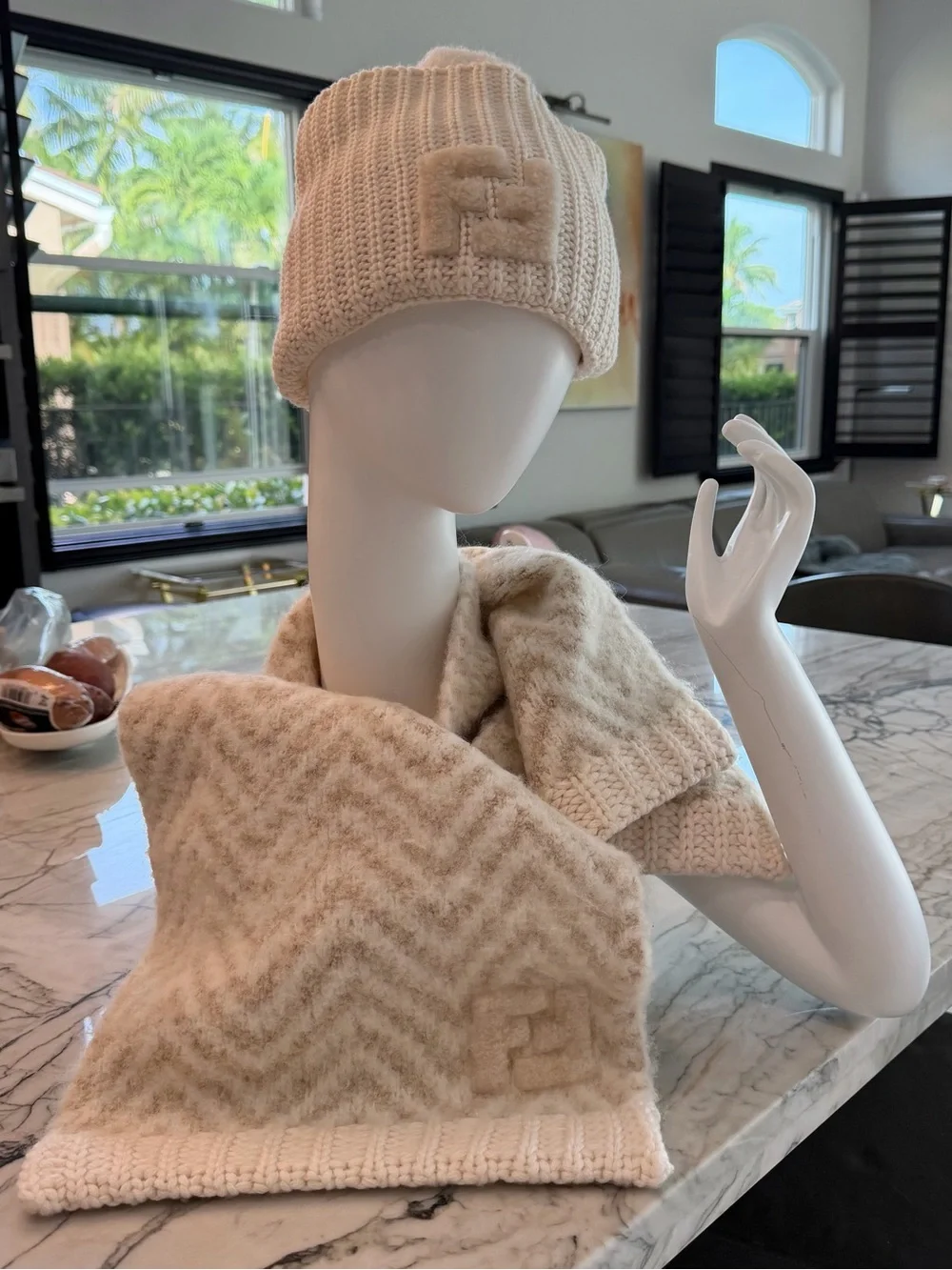 Fendi Cream Alpaca Beanie and Scarf Set